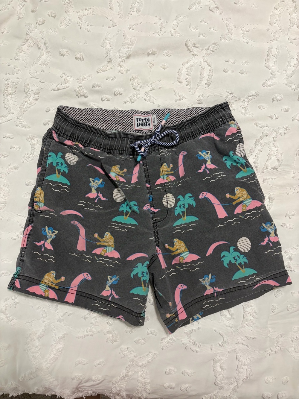 Party Pants Men’s Dark Gray Swim Trunks with Bigfoot/Sasquatch Print